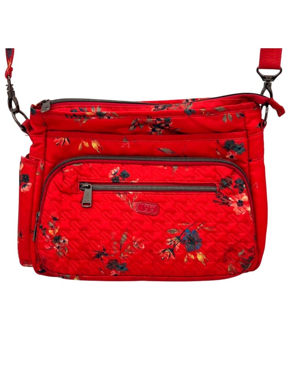 Lug Shimmy Crossbody Bag Adjustable Strap Red Floral Quilted Polyester Key Strap - Picture 1 of 16